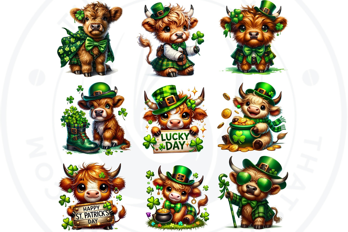 St Patricks day Highland Cow Clipart, an Animal Illustration by ThatsDesignArt (Photo 6 of 10)