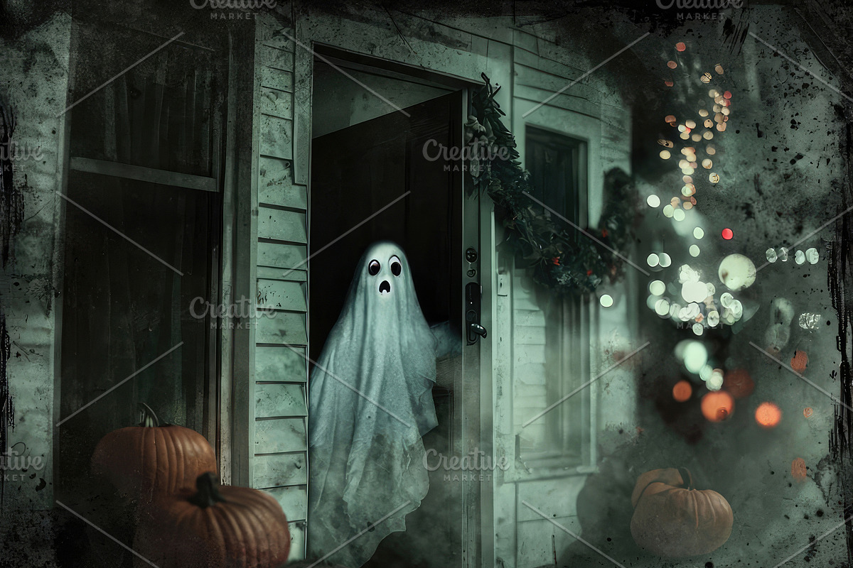 Cute Halloween ghost on a threshold, a Seasonal Illustration by pictures for you