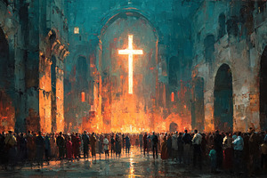 Crowd gathered inside cathedral facing glowing cross with warm l, a Person Photo by José Manuel Gelpi