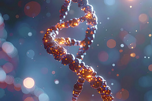 DNA helix sparkling with luminous particles of molecular light, a Health & Medical Photo by GoodGoods