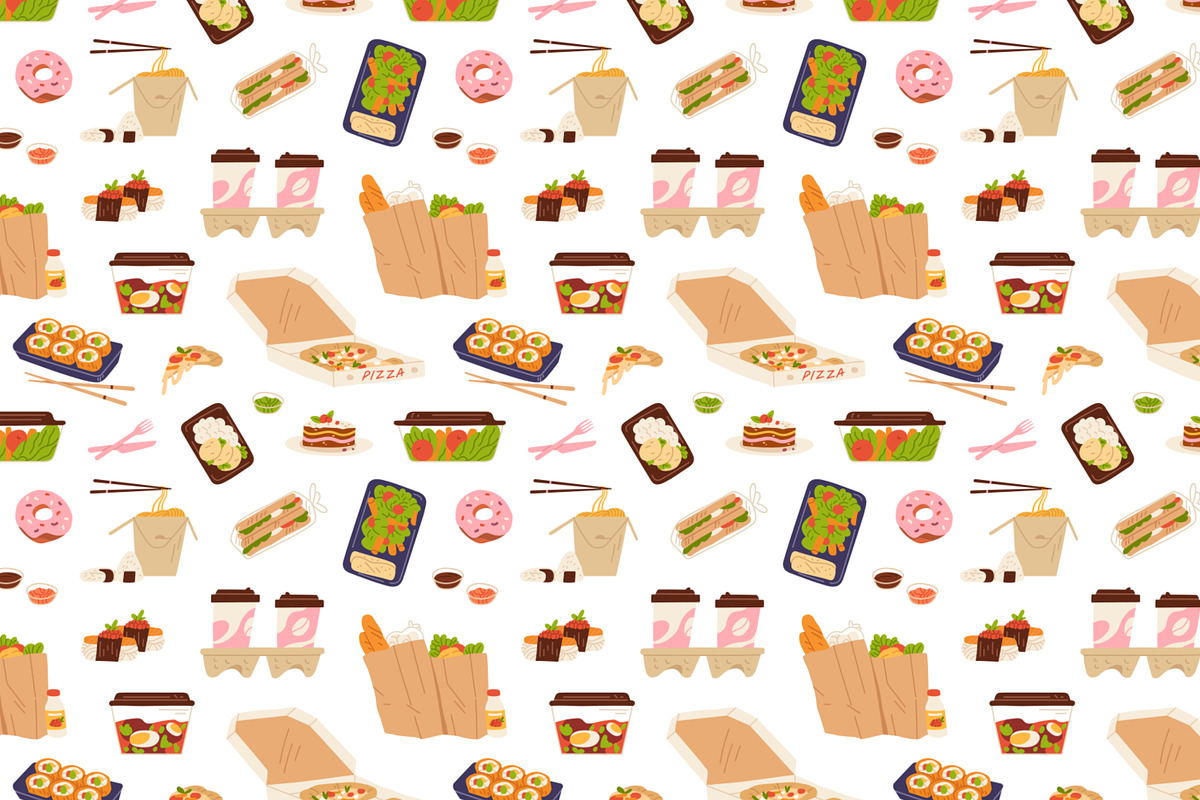 Takeaway food set & seamless pattern, a Food Illustration by Good Studio (Photo 3 of 5)