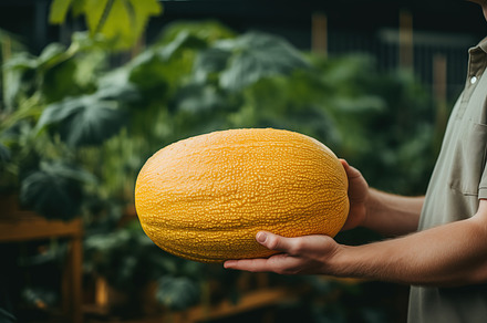 Large yellow melon in a greenhouse with green plants in the background., a Food & Drink Photo by Textures & Backgrounds