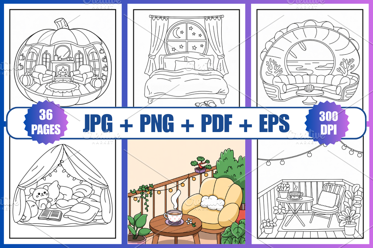 36 Cozy Spaces Coloring Pages, a Decorative Illustration by Coco Bloom (Photo 2 of 3)