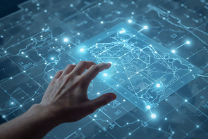 Reaching adult hand touching map, an Illustration by wavebreak