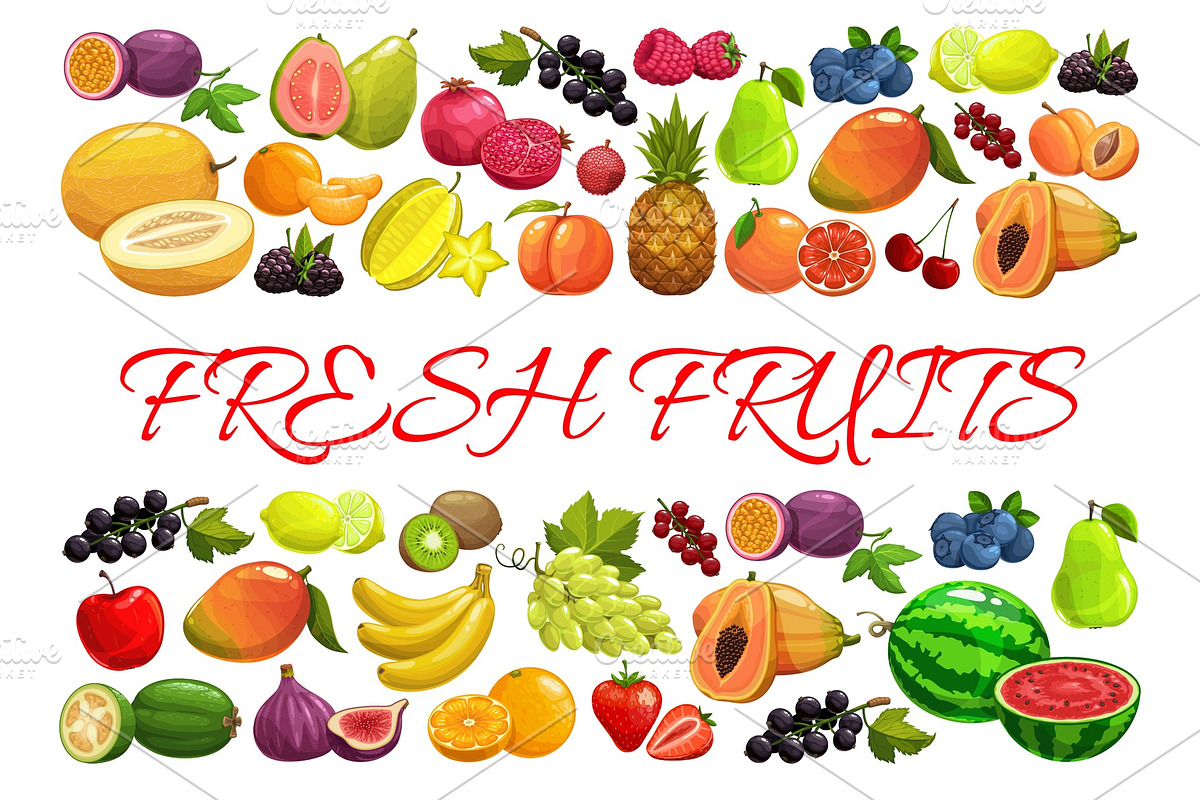 Exotic tropical berries and fruits, a Food Illustration by Vector Tradition