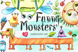Watercolor Funny Monsters Set