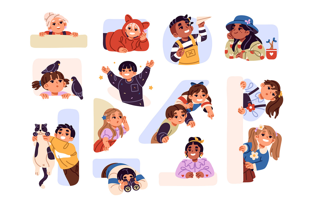 Happy kids peeking, looking out set, an Illustration by PaperTrident (Photo 1 of 7)