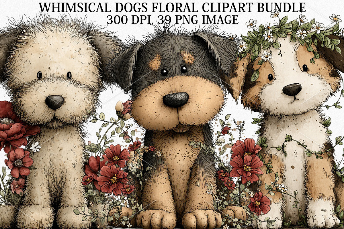 Whimsical Dogs Floral Clipart Bundle, a Seasonal Illustration by Canvas Craft (Photo 1 of 7)
