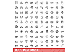 100 cuisine icons set, outline style, a Food Illustration by Ylivdesign