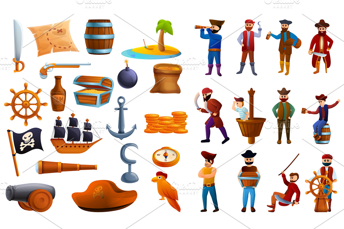 Pirate icons set, cartoon style, an Animal Illustration by Ylivdesign