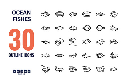 30 Ocean Fishes Outline Icons