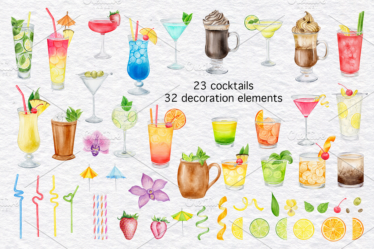 Watercolor Cocktails Clipart Set, a Food Illustration by KathrineWatercolor (Photo 2 of 5)