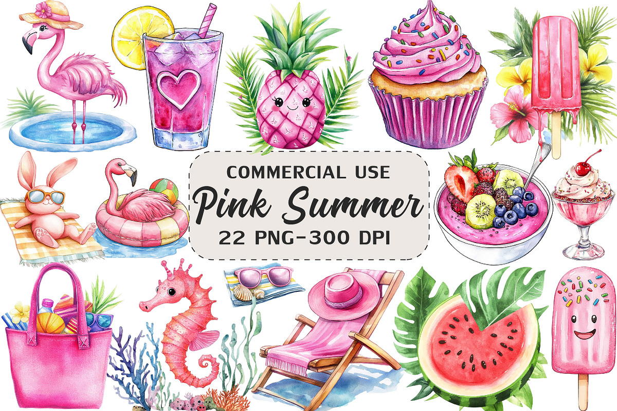 Pink Summer Sublimation Clipart, an Illustration by Craft Nest (Photo 1 of 6)