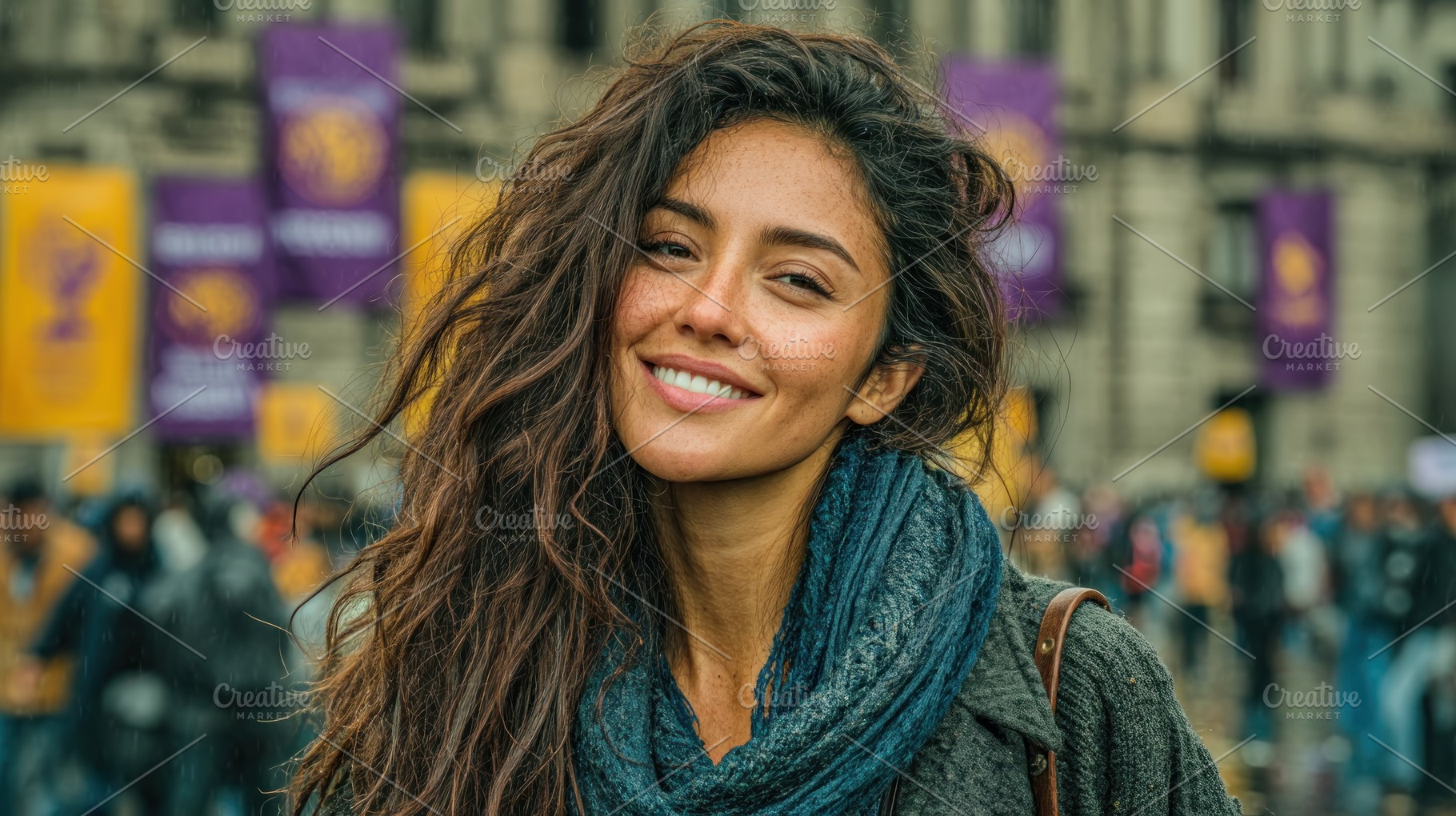 Smiling young woman with long wavy hair and scarf at peaceful ci, a Person Photo by José Manuel Gelpi