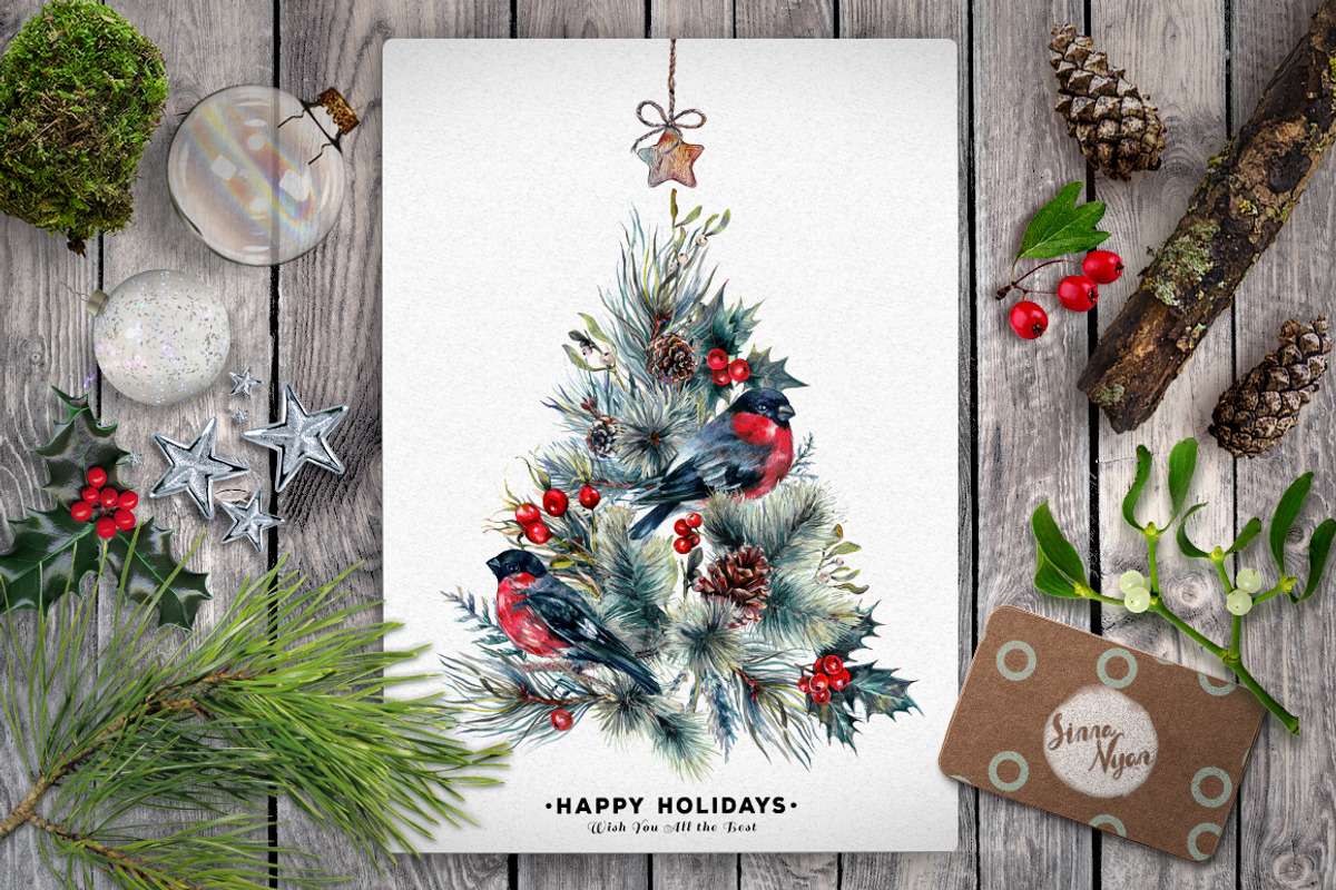 Mr.Bullfinch Watercolor ClipArt Xmas, a Decorative Illustration by Inna Sinano (Photo 7 of 12)