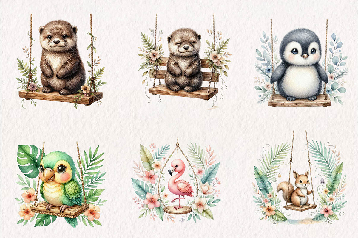 Watercolor Baby Animals On Swings, a Seasonal Illustration by CreationArt (Photo 2 of 7)