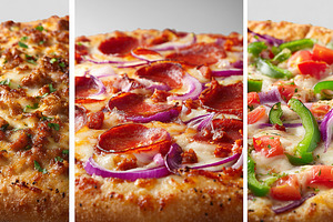 Trio of pizzas showcases a cheesy, a Food & Drink Photo by MistyDay