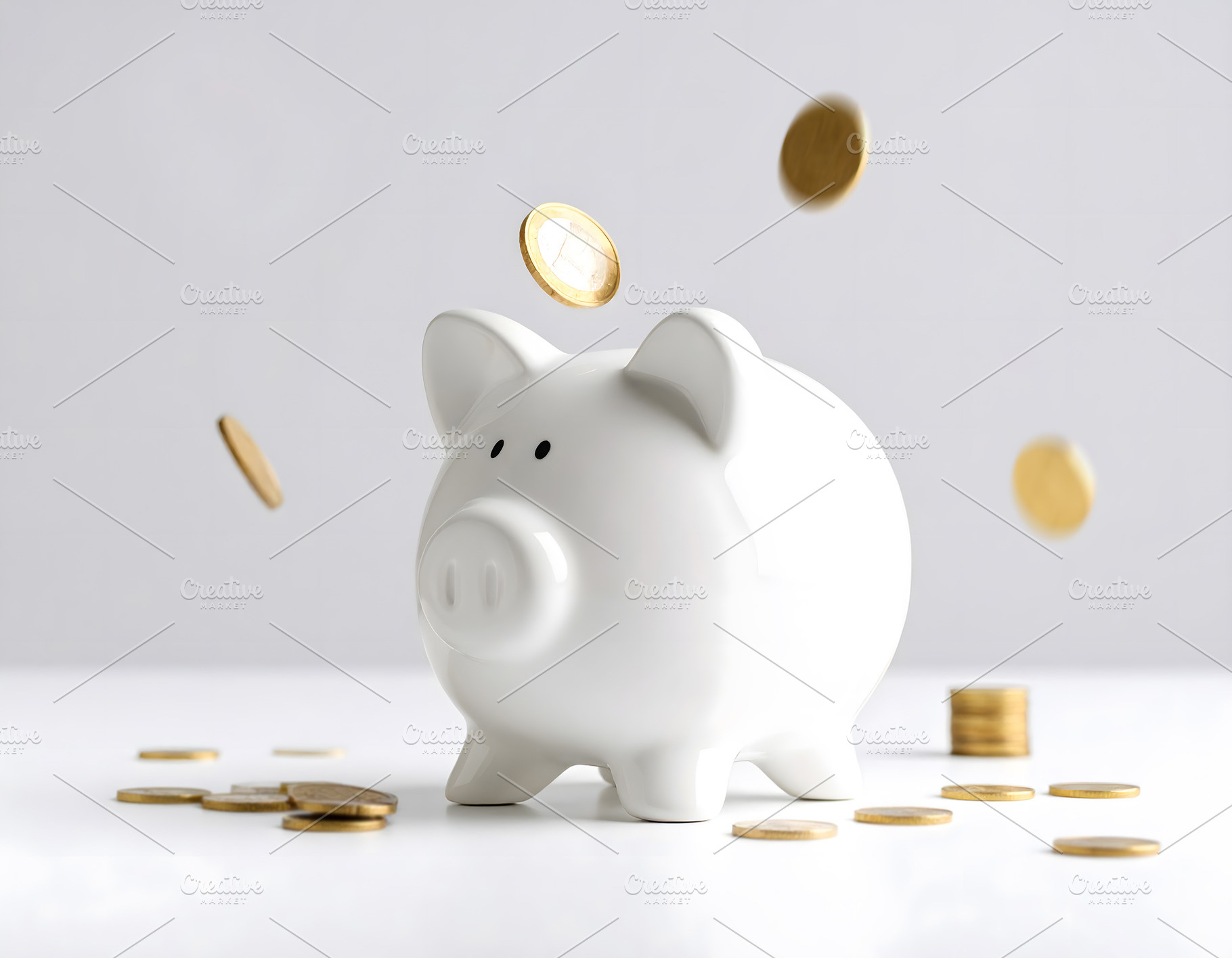 Shiny white piggy bank with golden coins in the air, a Business Photo by GoodGoods