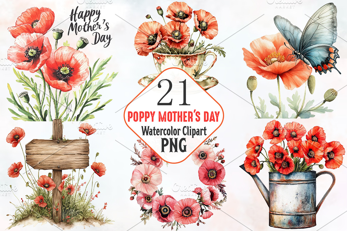 Poppy Mother's Day Watercolor Png, an Illustration by RobertsArt (Photo 1 of 7)