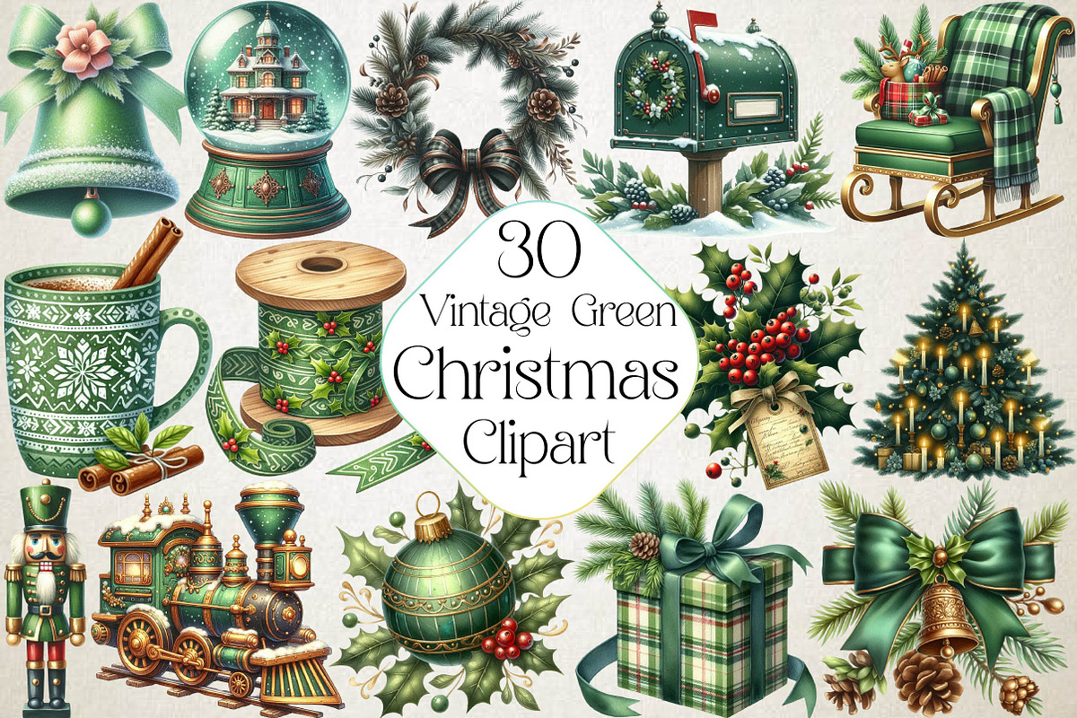 Vintage Green Christmas Clipart PNG, an Illustration by DreamPrint404 (Photo 1 of 4)