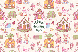 Easter Village Seamless Pattern, a Seasonal Illustration by TitaLivingArt