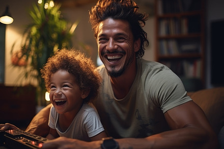 Cheerful father and his little son playing video games at home., a Person Photo by AS photostudio