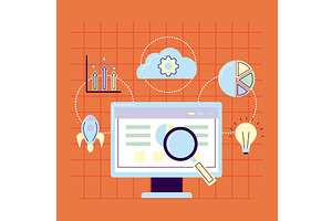 computer with loupe and icons, an Object Illustration by studiogstock