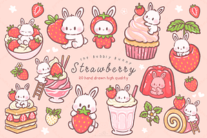 Kawaii Bunny Strawberry Dessert, an Animal Illustration by Blumensdiary