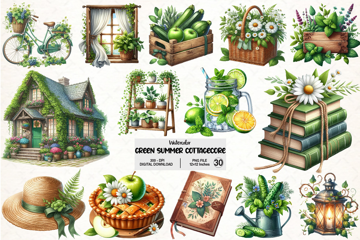 Green Summer Cottagecore Clipart, an Illustration by Pixels.Craft (Photo 1 of 7)