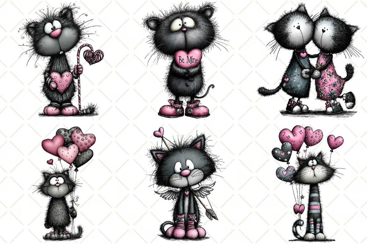 Whimsical Valentines Cat Clipart, an Animal Illustration by Black Bird Studio (Photo 3 of 6)
