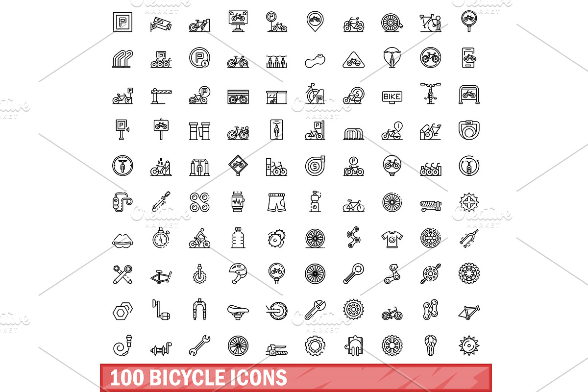 100 bicycle icons set, outline style, a Transportation Illustration by Ylivdesign