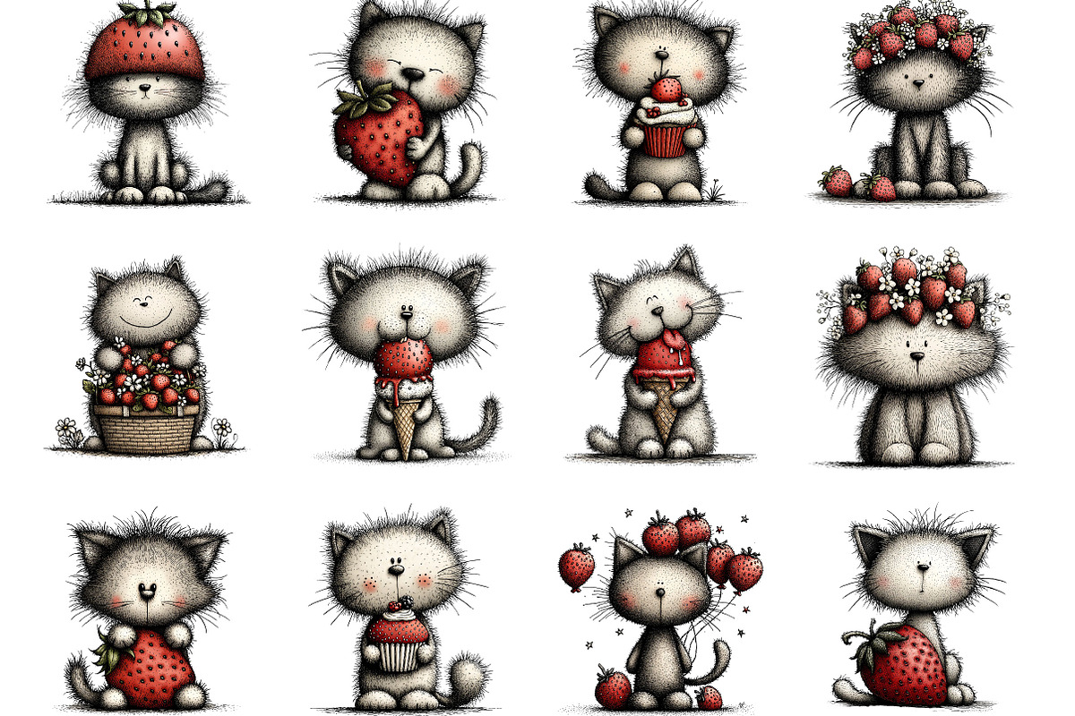 Strawberry Cat Whimsical Clipart, a Seasonal Illustration by Designking (Photo 2 of 5)