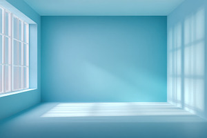 Bright blue empty room with large window and strong sunlight cas, an Abstract Photo by José Manuel Gelpi