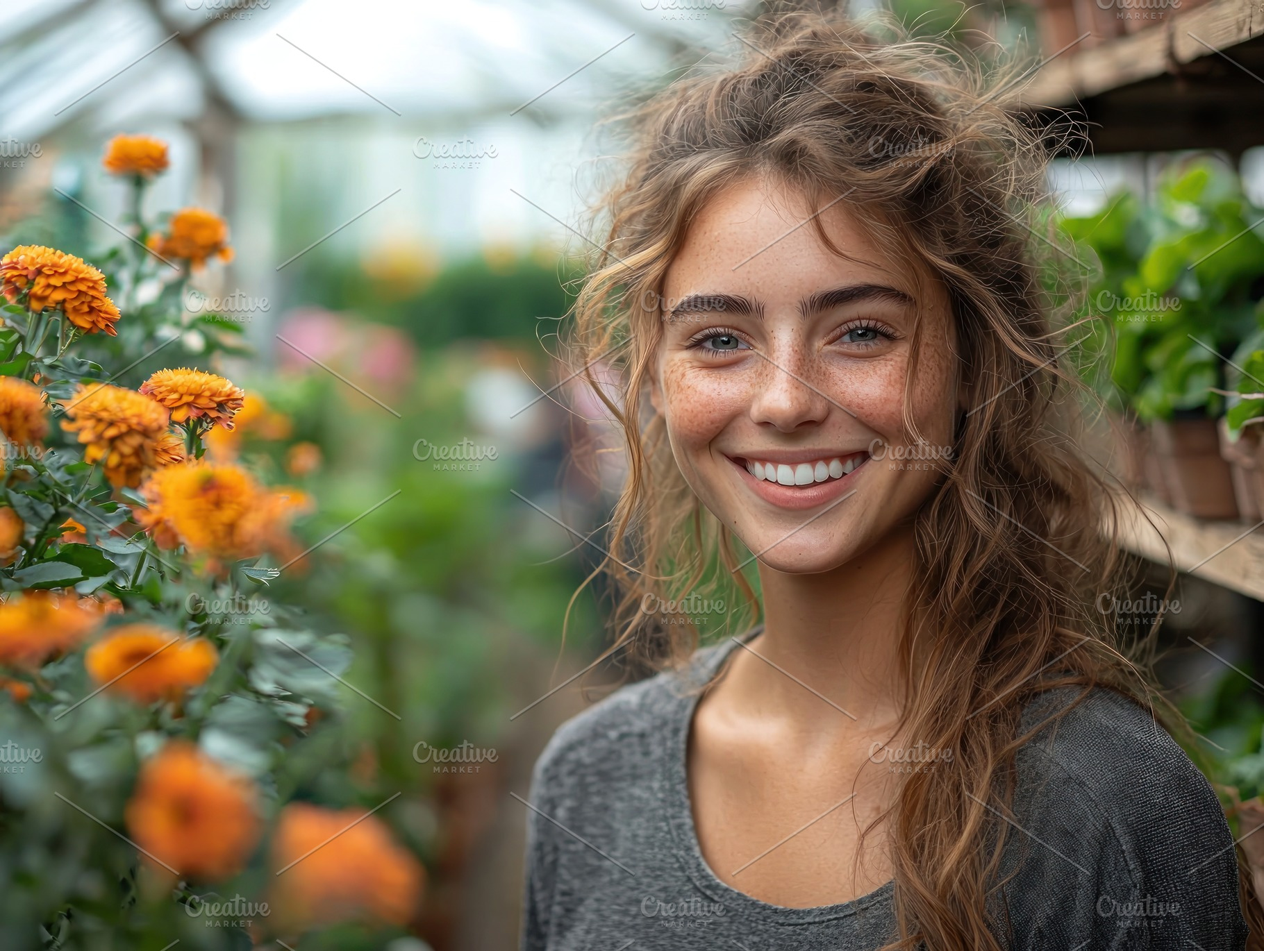 Smiling young woman with curly hair standing among vibrant orang, a Nature Photo by José Manuel Gelpi