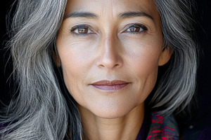 Latin woman in her 40s with gray hai, a Photo by Dvoevnore photos