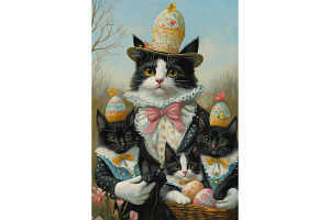 Vintage Easter Cat Family Wall Print, an Animal Illustration by Art Paradise Studios