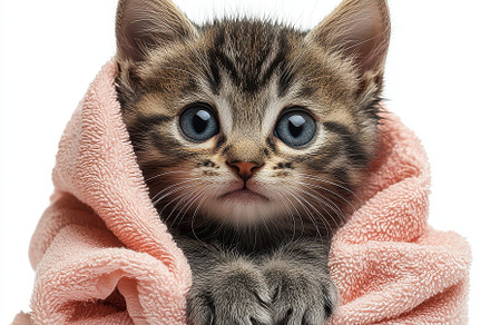 Cute kitten nestled in a pink towel, an Animal Photo by Pixeness
