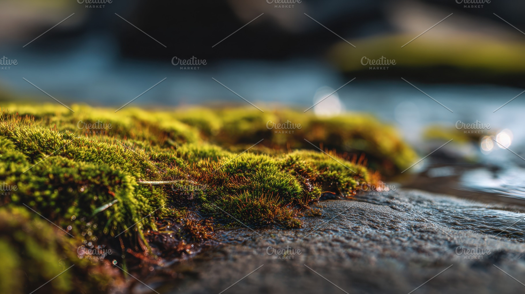 Moss on stones by the river edge, a Photo by Beautiful things