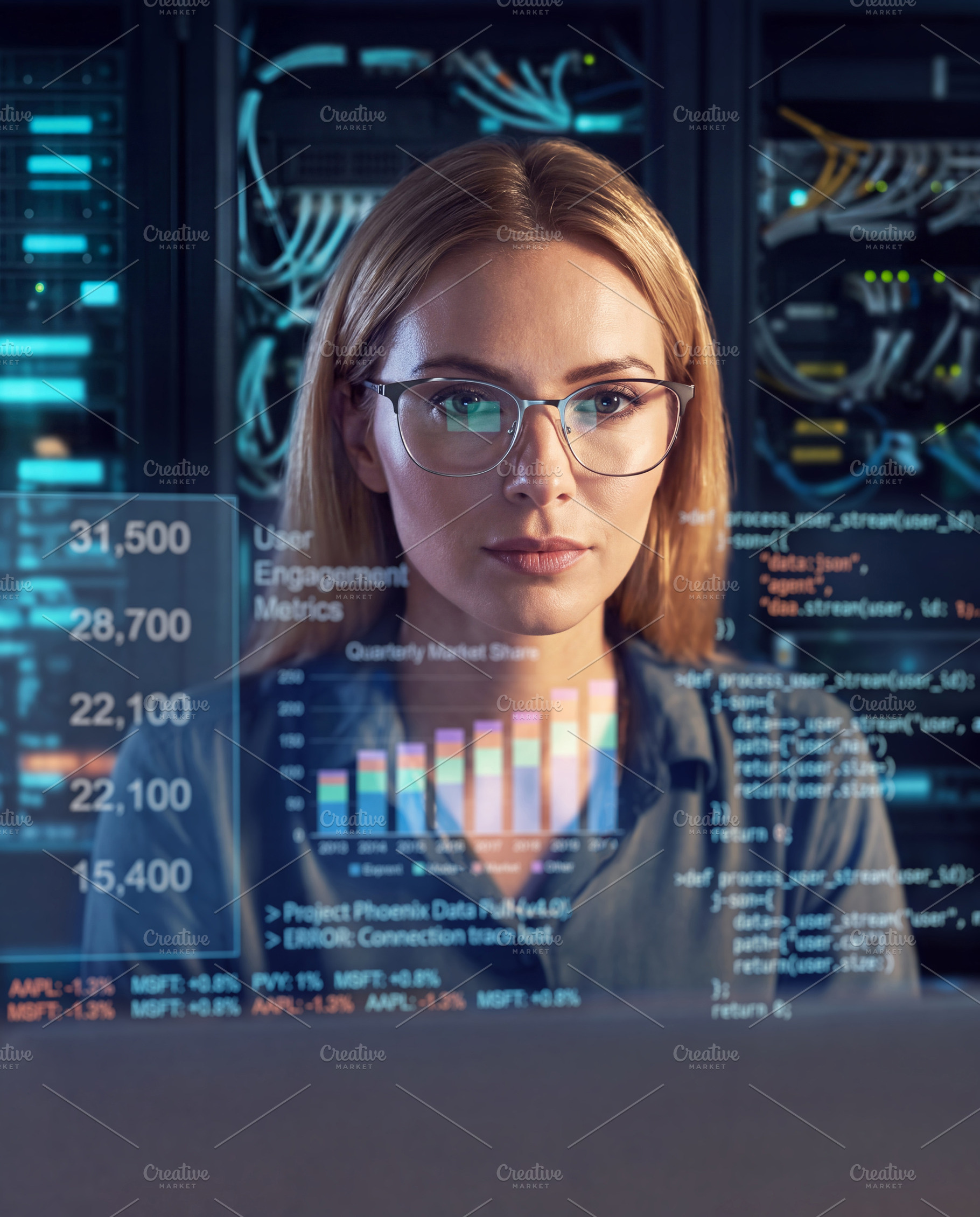 Professional female IT engineer (blonde woman in glasses) workin, a Technology Photo by Volff