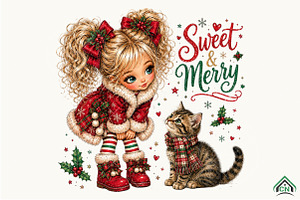 Christmas Girl & Cat Clipart PNG, a Seasonal Illustration by Craft Nest