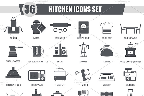 36 Kitchen Black Icons Set.