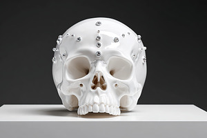Skull sculpture adorned with crystals displayed on a pedestal in an art gallery, a Photo by AlyaAnd