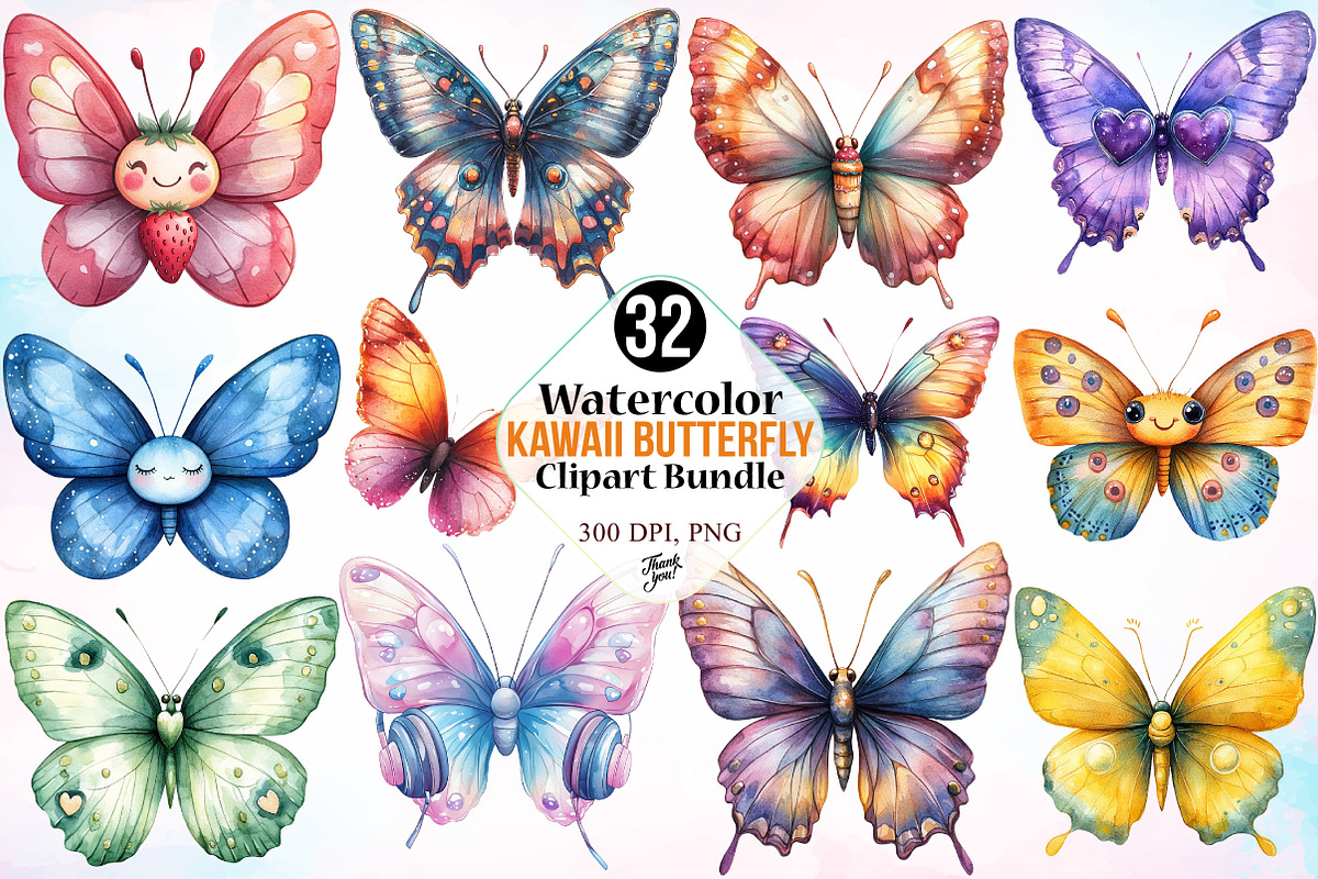 Watercolor Kawaii Butterfly Clipart, an Animal Illustration by Canvas Craft (Photo 1 of 4)