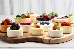 Different pieces of cheesecake with fresh berries on wooden table, a Food & Drink Photo by AlyaAnd