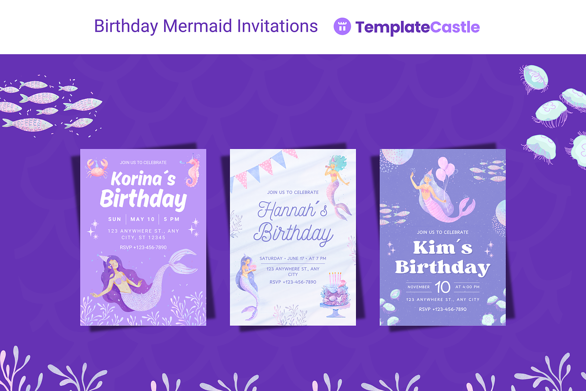Mermaid Birthday Invitations, a Templates & Theme by TemplateCastleStore (Photo 1 of 9)