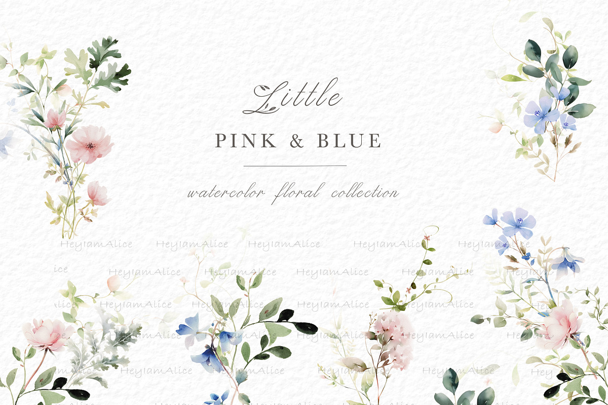 Pink and blue floral clipart, a Decorative Illustration by heyiamalice (Photo 2 of 9)