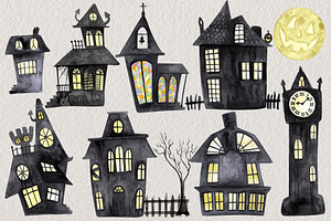 Watercolor Halloween Village Set