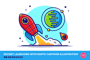 Rocket Launching With Earth Cartoon