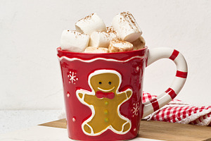 Hot chocolate with marshmallows in a Christmas mug with a ginger, a Food & Drink Photo by ndanko