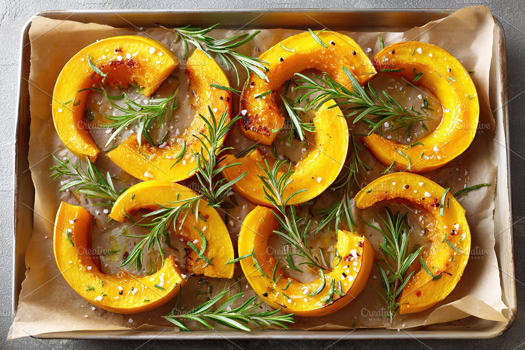 Delicious roasted butternut squash with fresh rosemary on a parchment-lined bak, a Food & Drink Photo by AlyaAnd